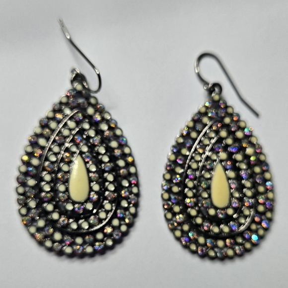 Black Gray Tone Purple Rhinestoned Tan Enamel Teardrop Earrings - Picture 8 of 15